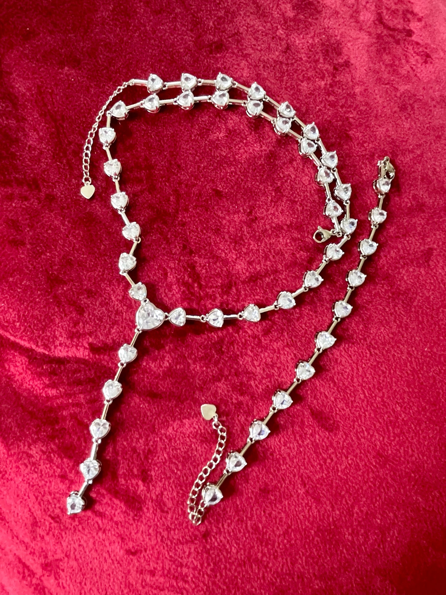 Long Silver Rhinestones Heart Necklace Bracelet Set