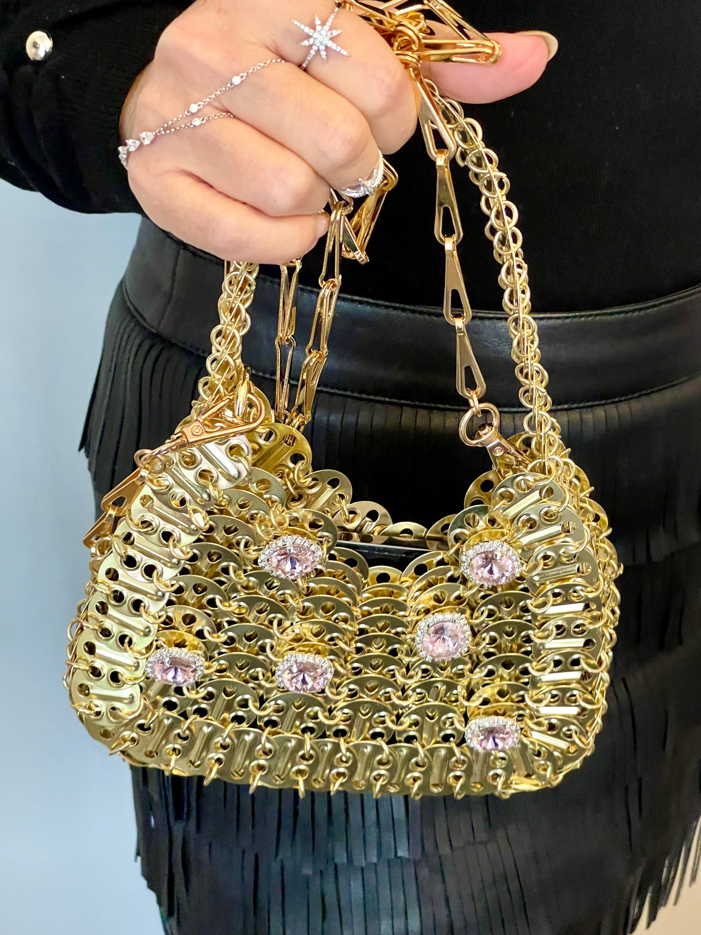 Mini Gold Metal Sparkle Hand Bag Pink Rhinestone Charms Style Paco Rabanne