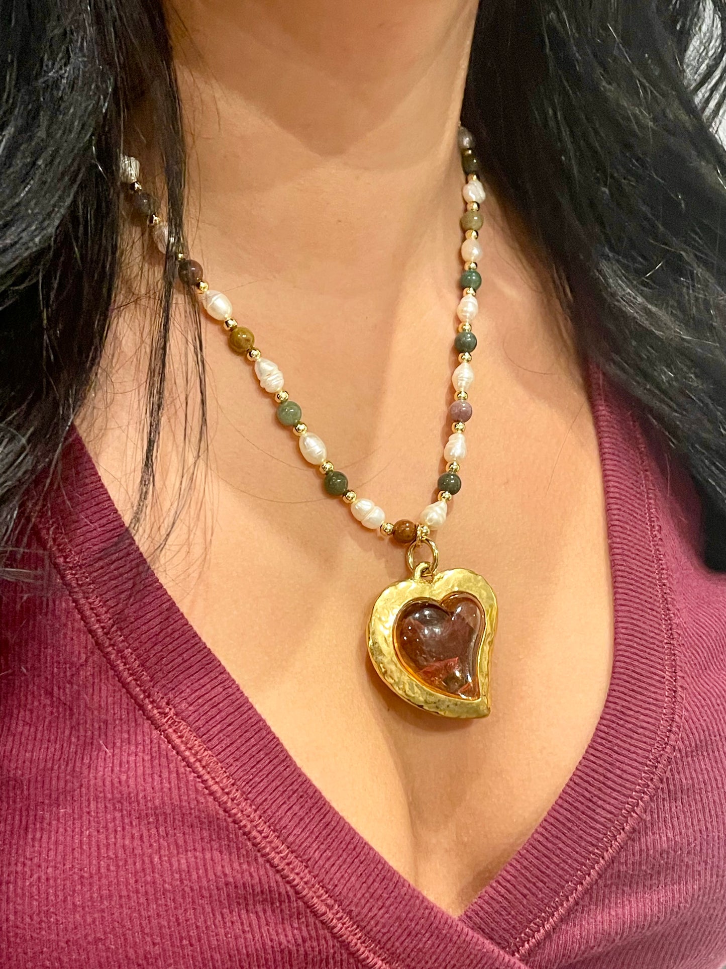 Vintage Yves Saint Laurent Rose Petal Heart Pendant Pearl Necklace