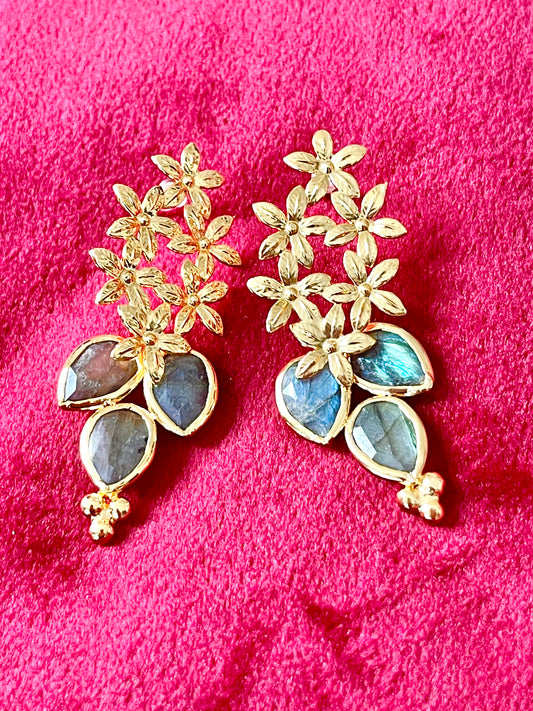 Gold Flower Pendant Earrings Labradorite Stones