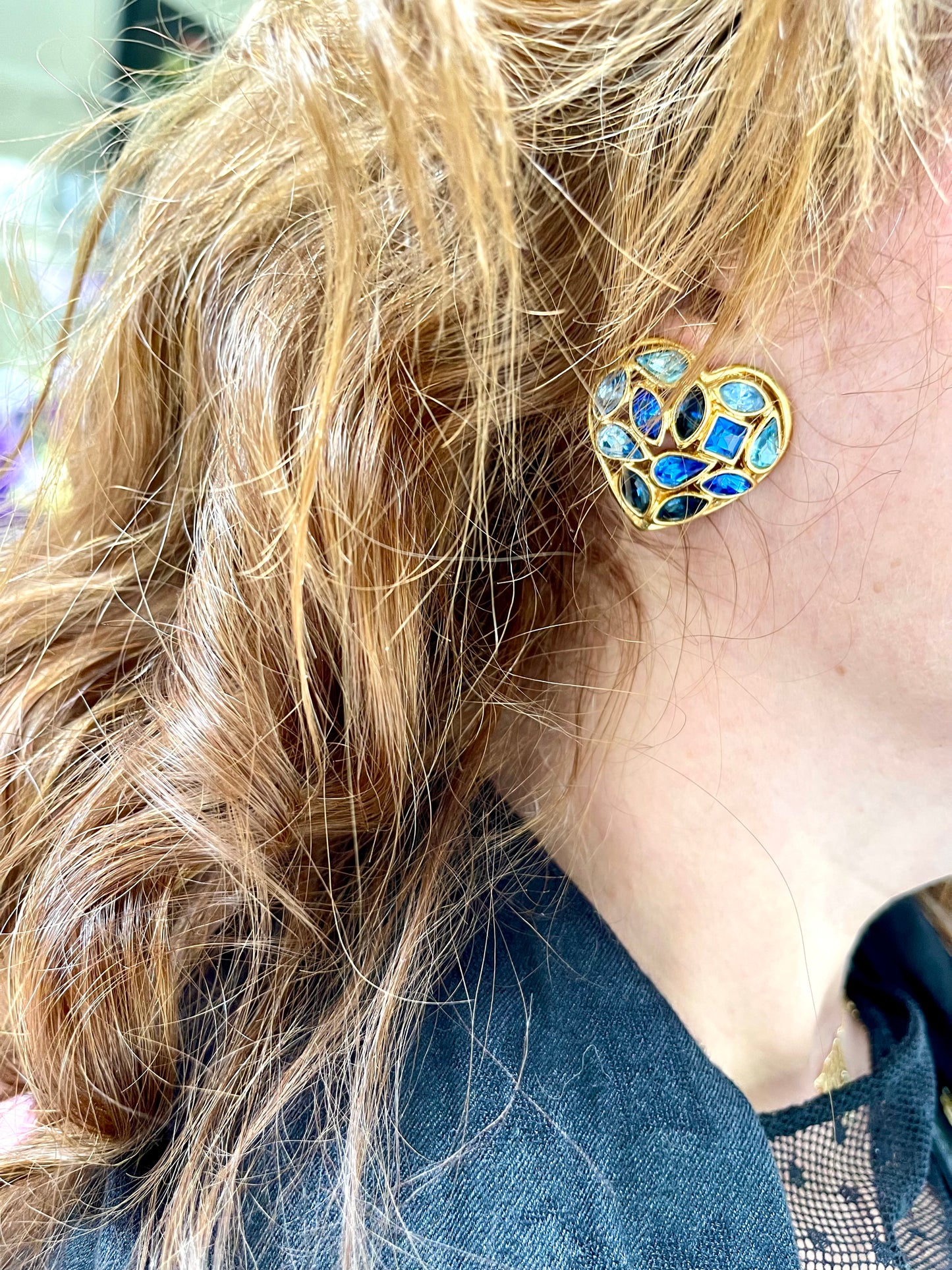Vintage Yves Saint Laurent Blue Heart Crystal Earrings – Gold Tone
