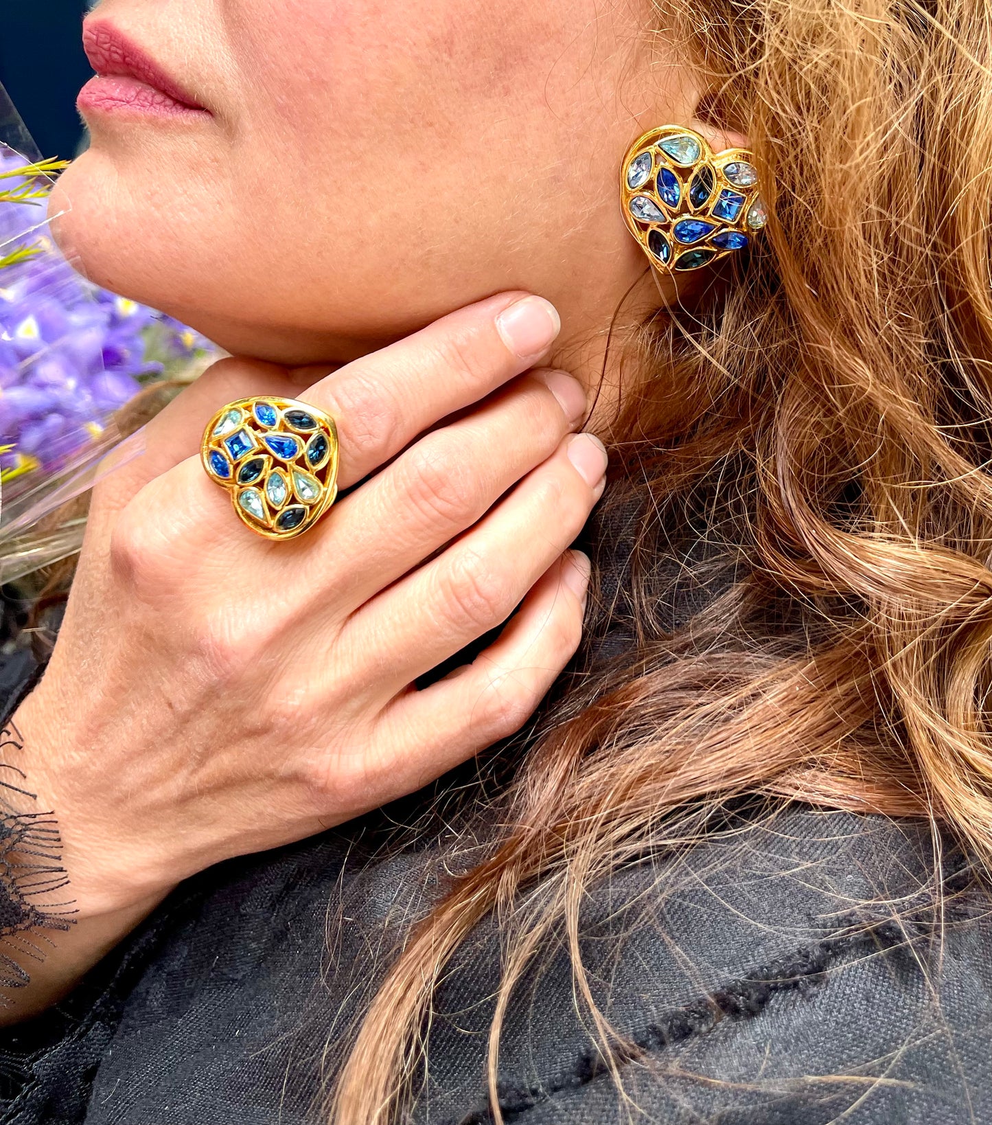 Vintage Yves Saint Laurent Blue Heart Crystal Earrings – Gold Tone