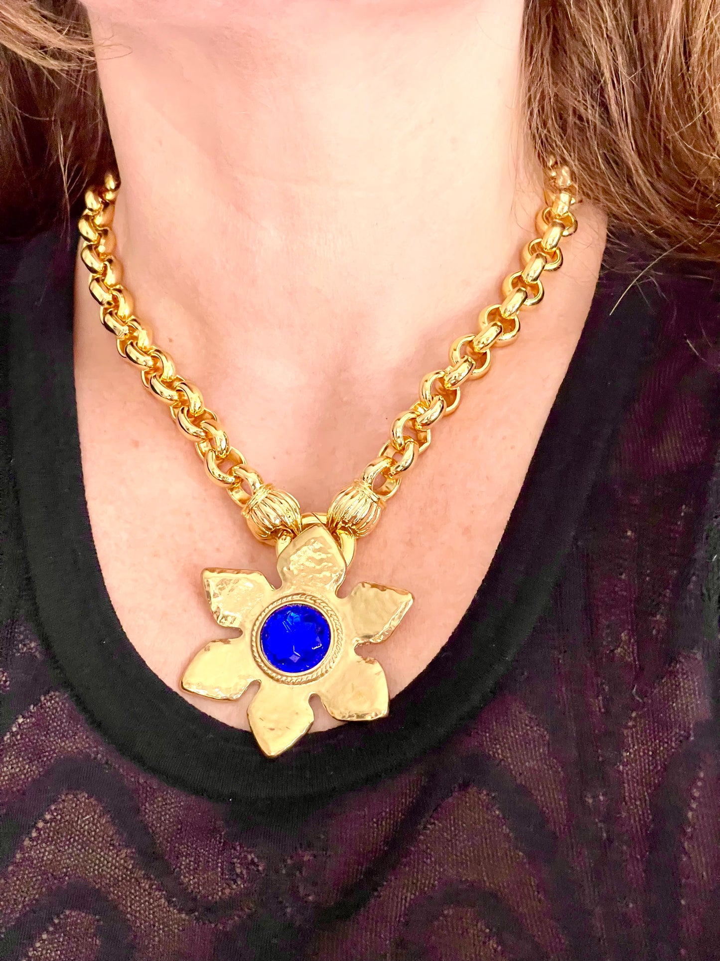 Rare Authentic Vintage Gold Flower Blue Rhinestone Yves Saint Laurent Brooch Pendant