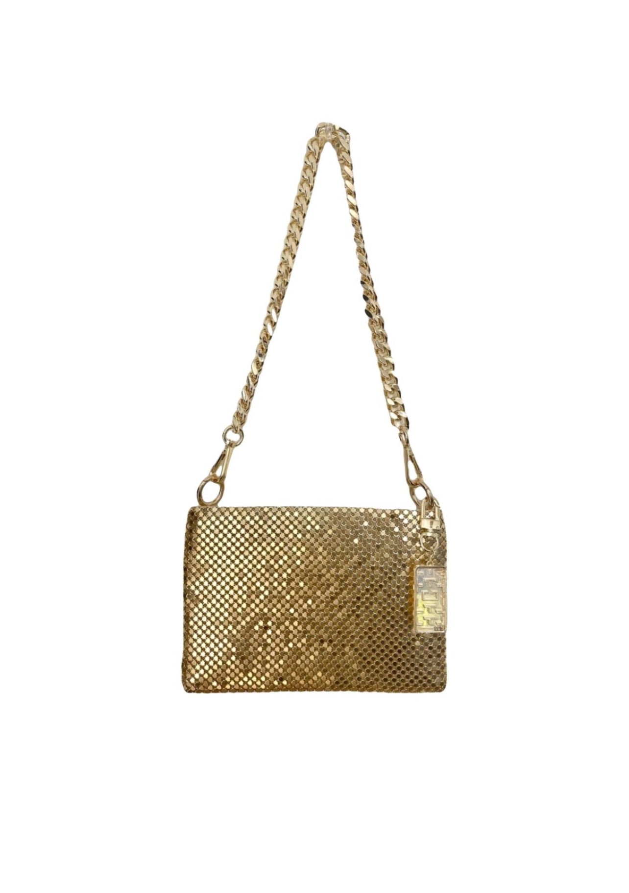Vintage Paco Rabanne gold metal pixel bag with maze bag charm 