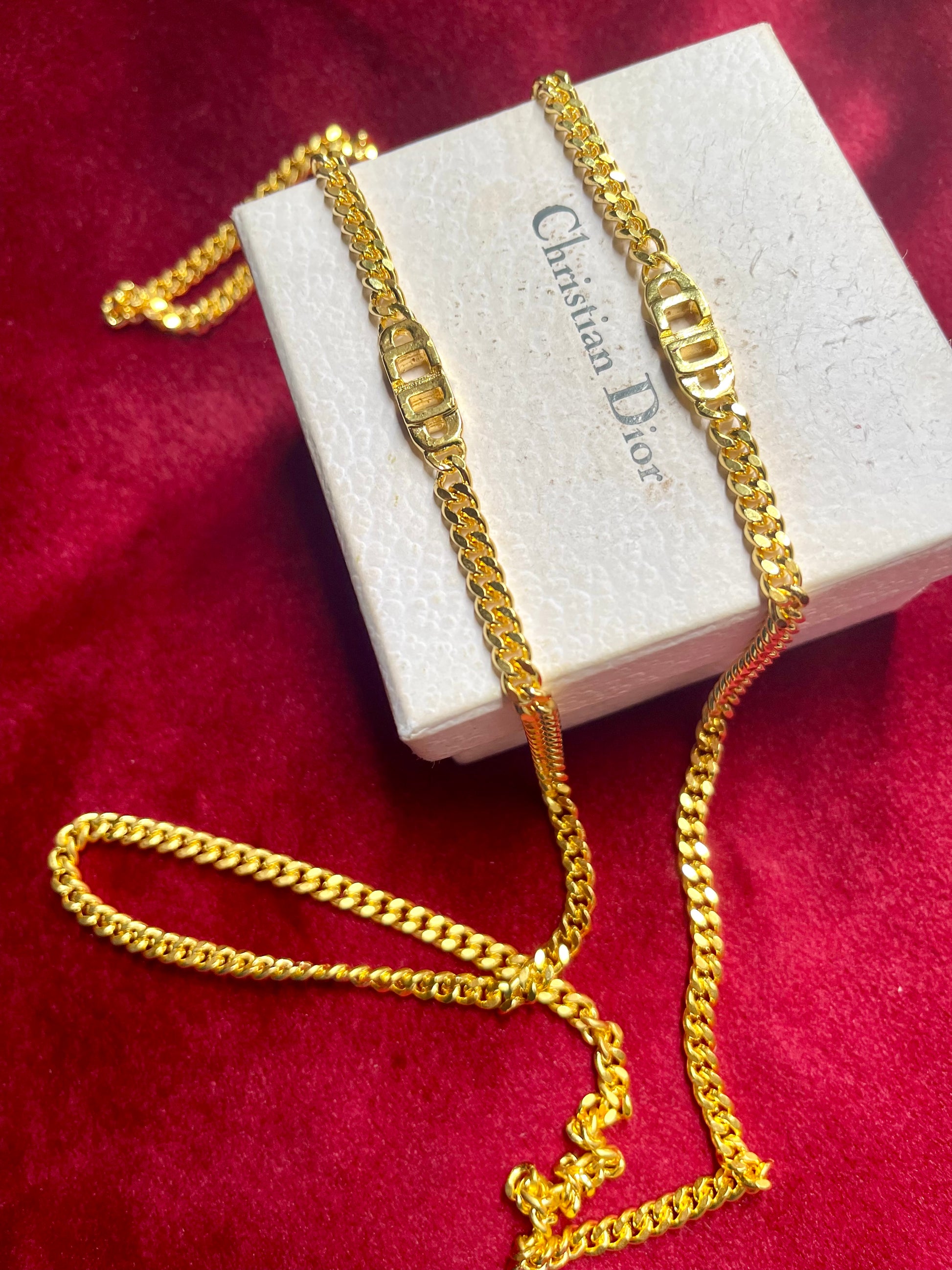 vintage 80’s authentic Christian Dior designer jewelry- refurbished gold plated 18K long necklace CD charms 