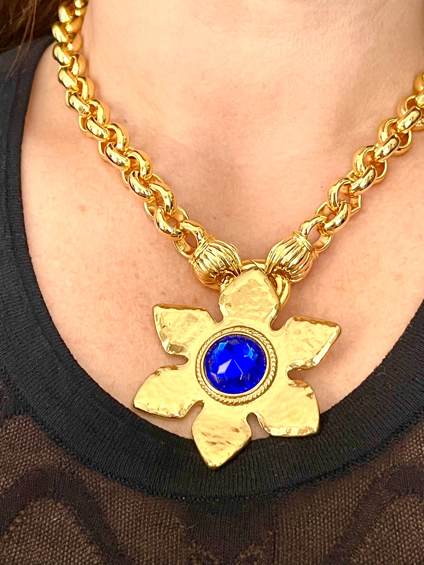 Rare Authentic Vintage Gold Flower Blue Rhinestone Yves Saint Laurent Brooch Pendant