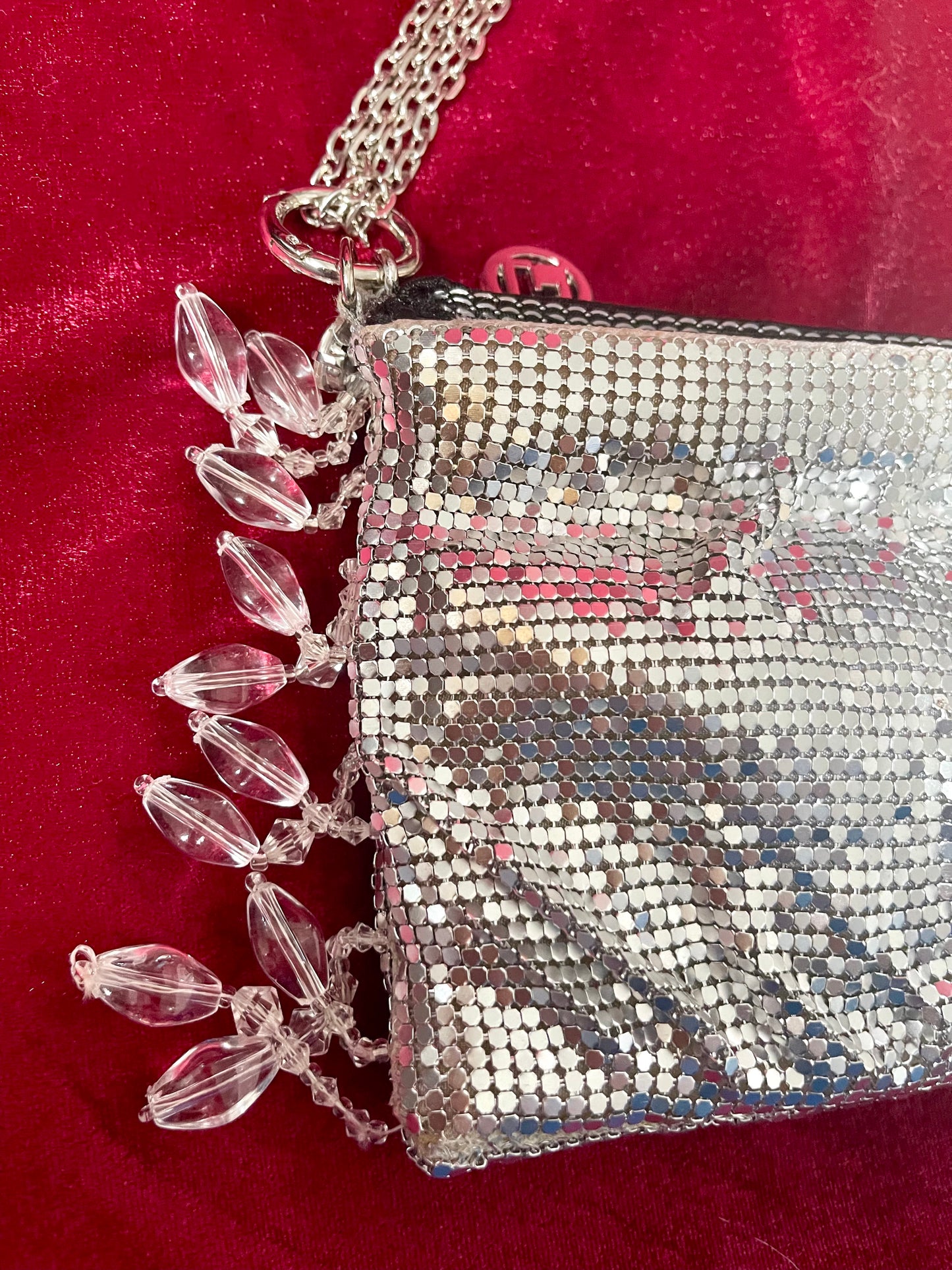 Close up on the clear beads of One of a kind handmade Paco Rabanne repurposed silver pixel mesh bag