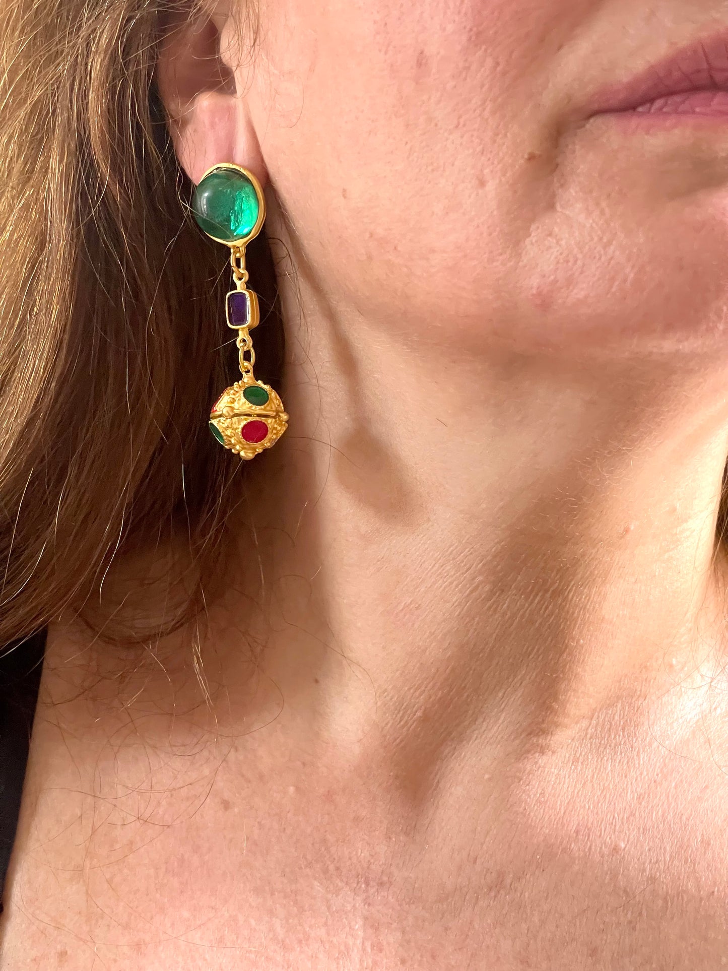 Gold Metal Resin Drop Earrings Multi Colored