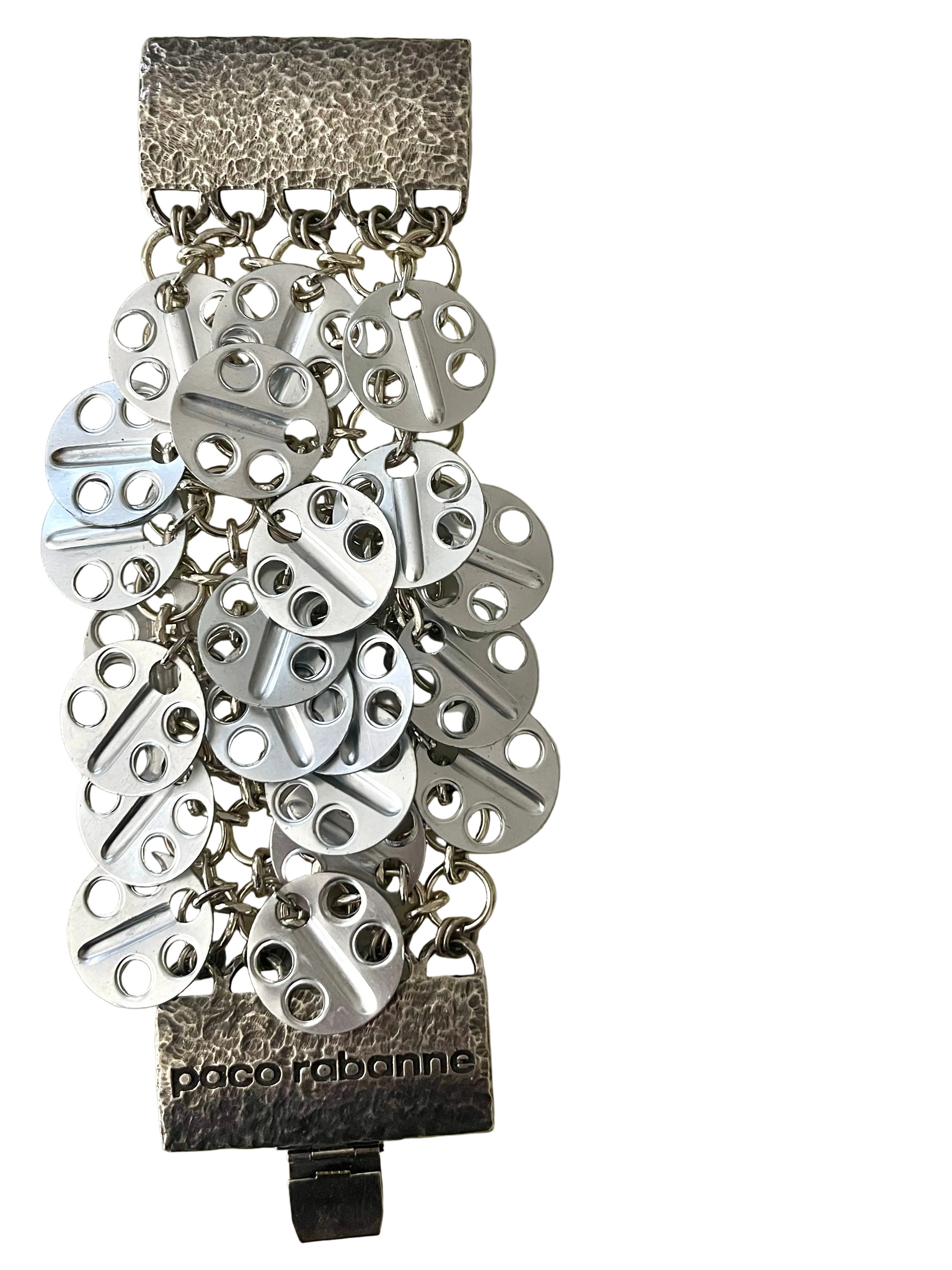 Rare Paco Rabanne sparkle disc bracelet close up view