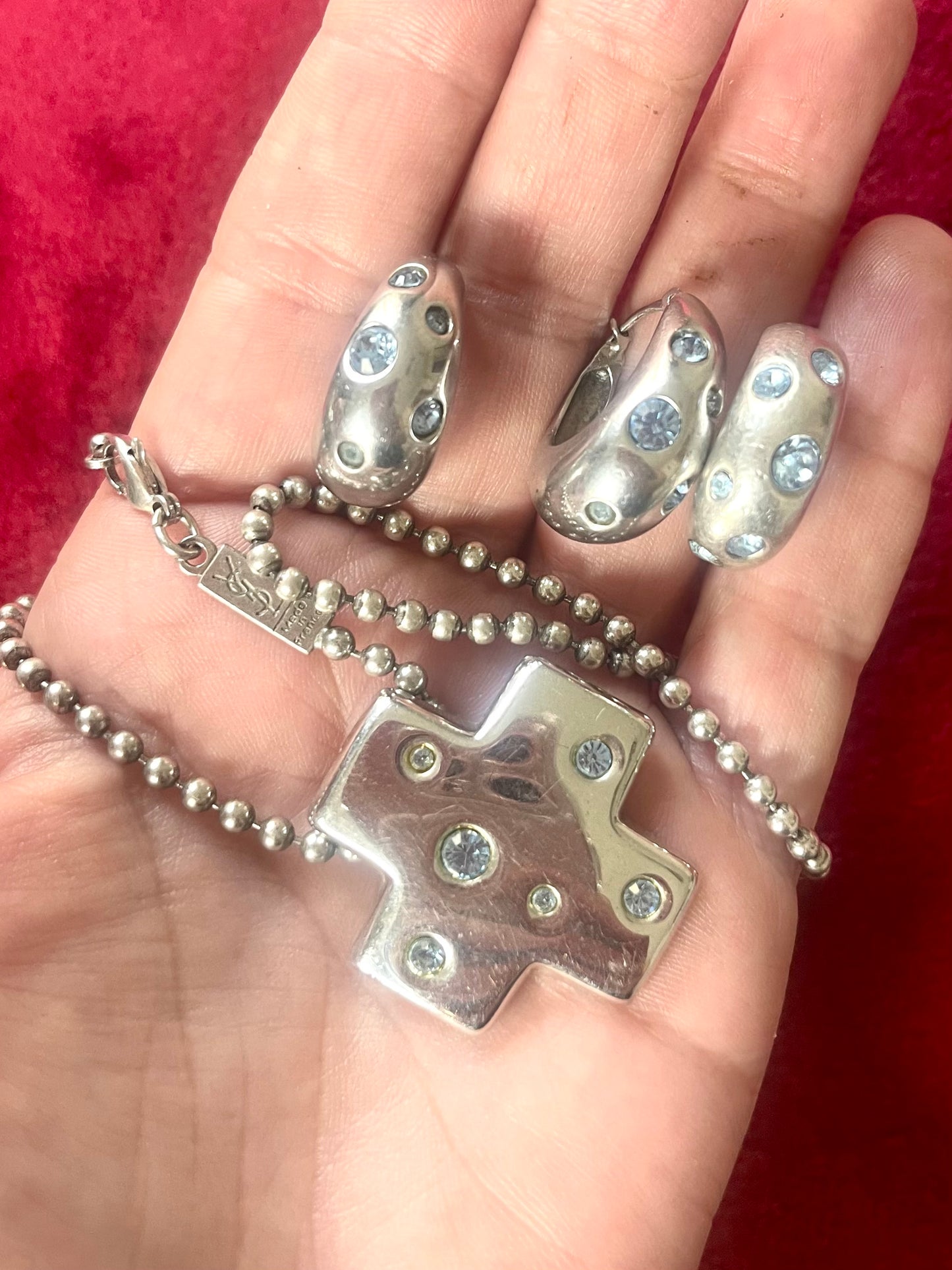 Yves Saint Laurent – Exceptional Vintage 2000 Solid Silver Jewelry Set Blue Rhinestones