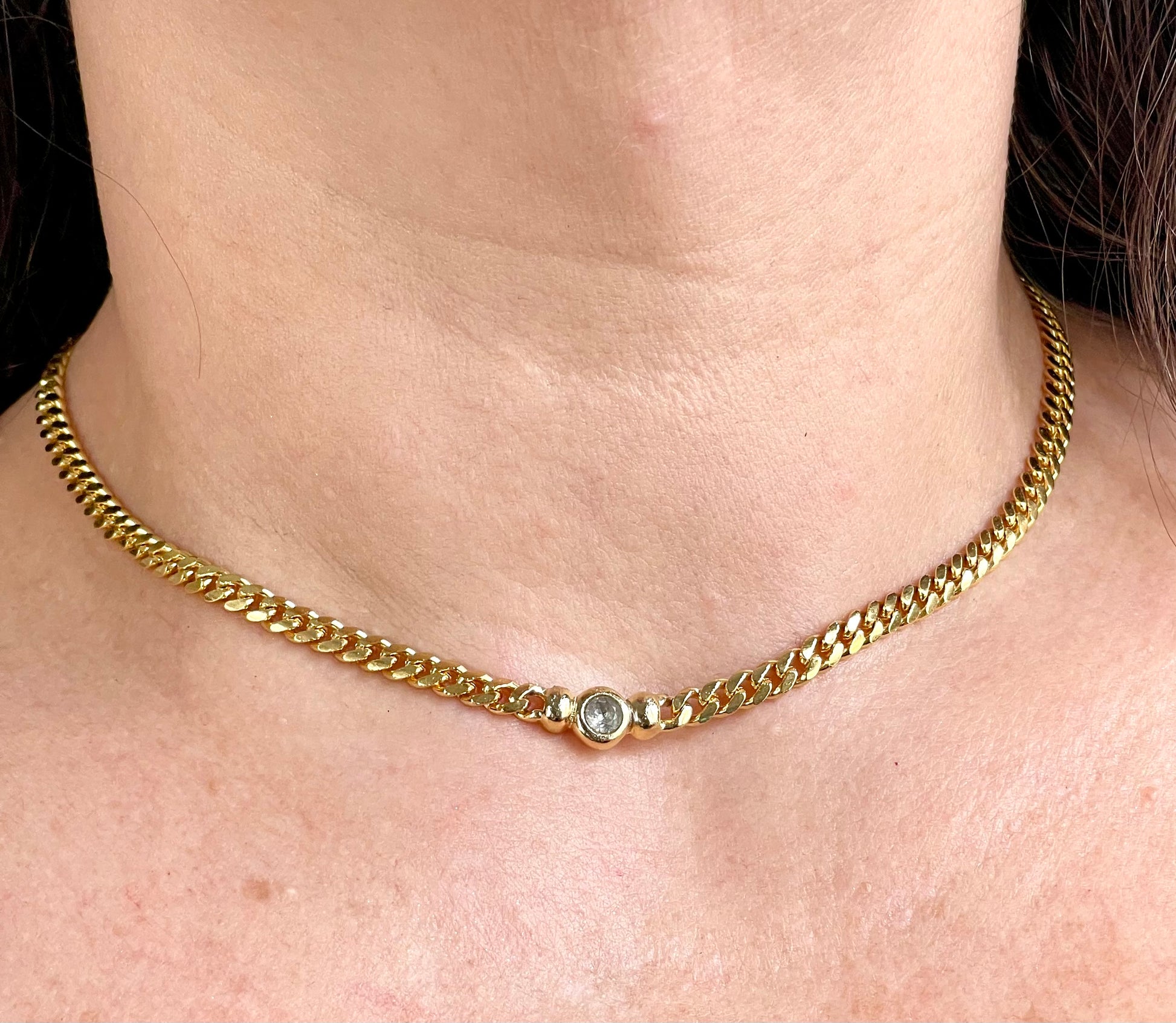 Vintage authentic Christian Dior necklace worn, showcasing elegant gold chain and crystal detail 