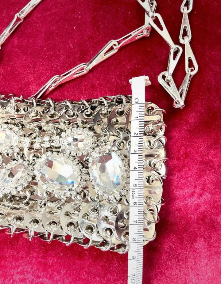 Width size Phone holder silver metal Crystal crossbody bag style Paco Rabanne Sparkle 1969 using a measuring tape