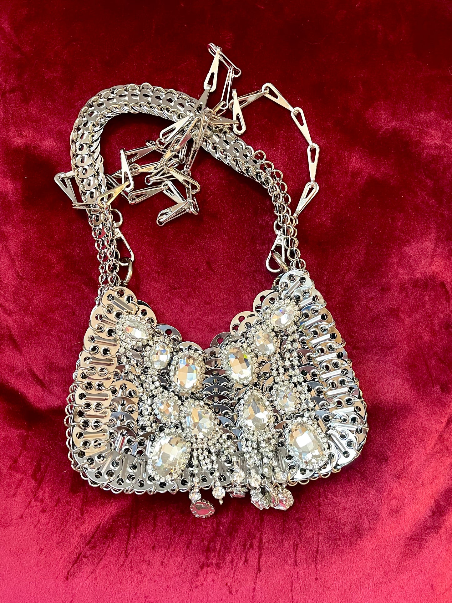 Large Metal Shoulder Bag Crystal Charms Brooches Style Paco Rabanne