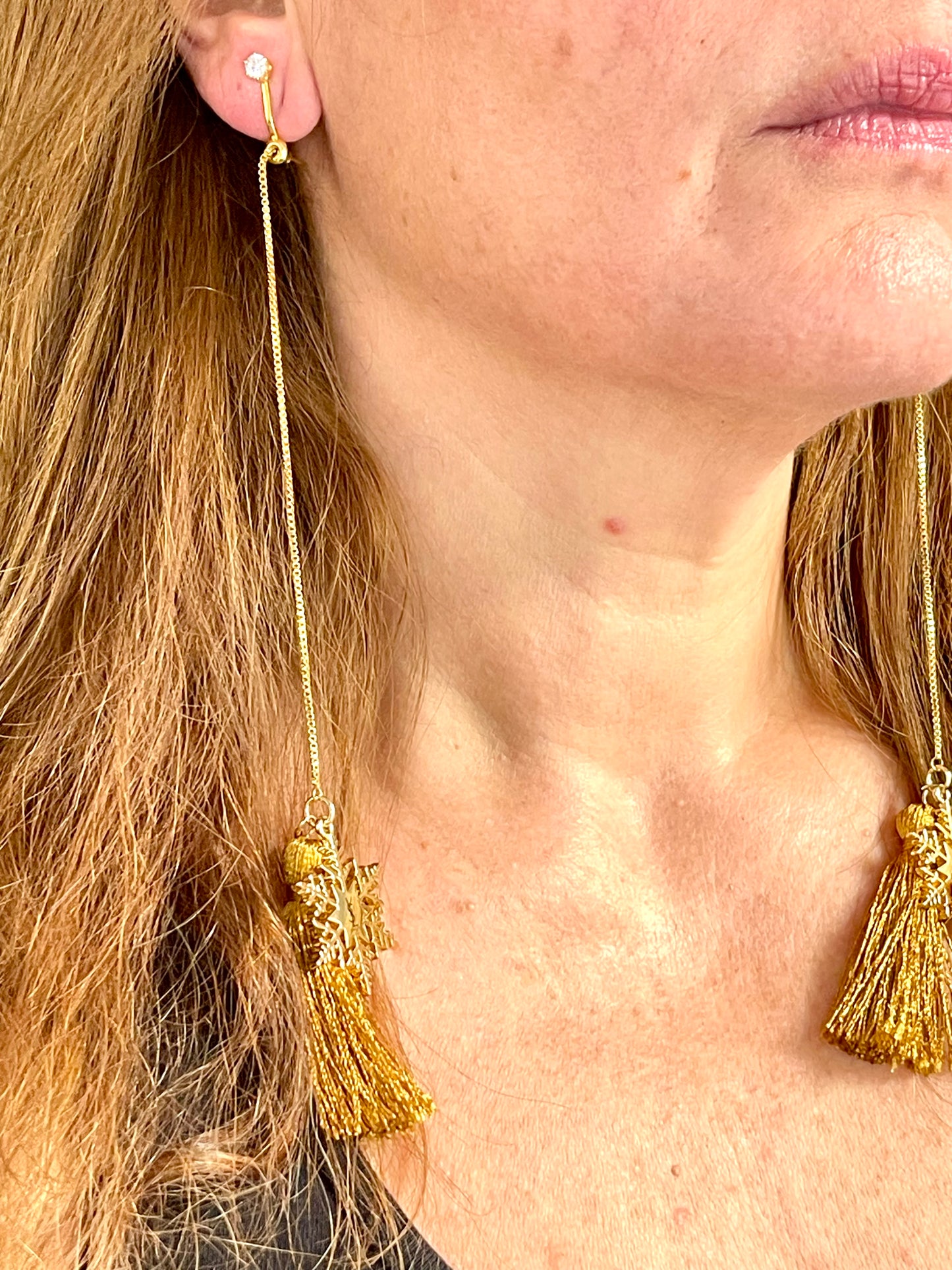 Yves Saint Laurent Signed Snowflake Charm Tassel Earrings – Gold Tone, Upcycled