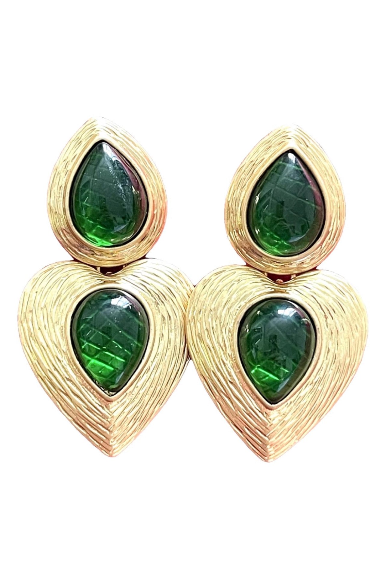 Pendientes de diseño vintage remake de oro y verde con forma de lágrima