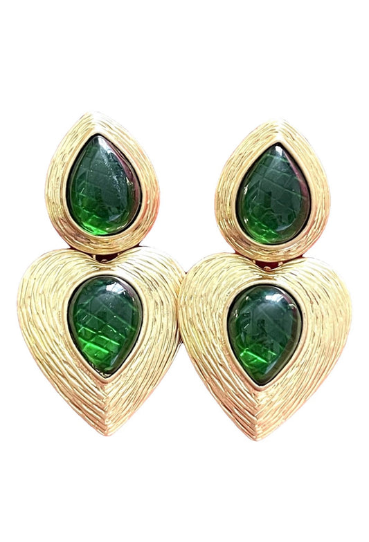 Pendientes de diseño vintage remake de oro y verde con forma de lágrima