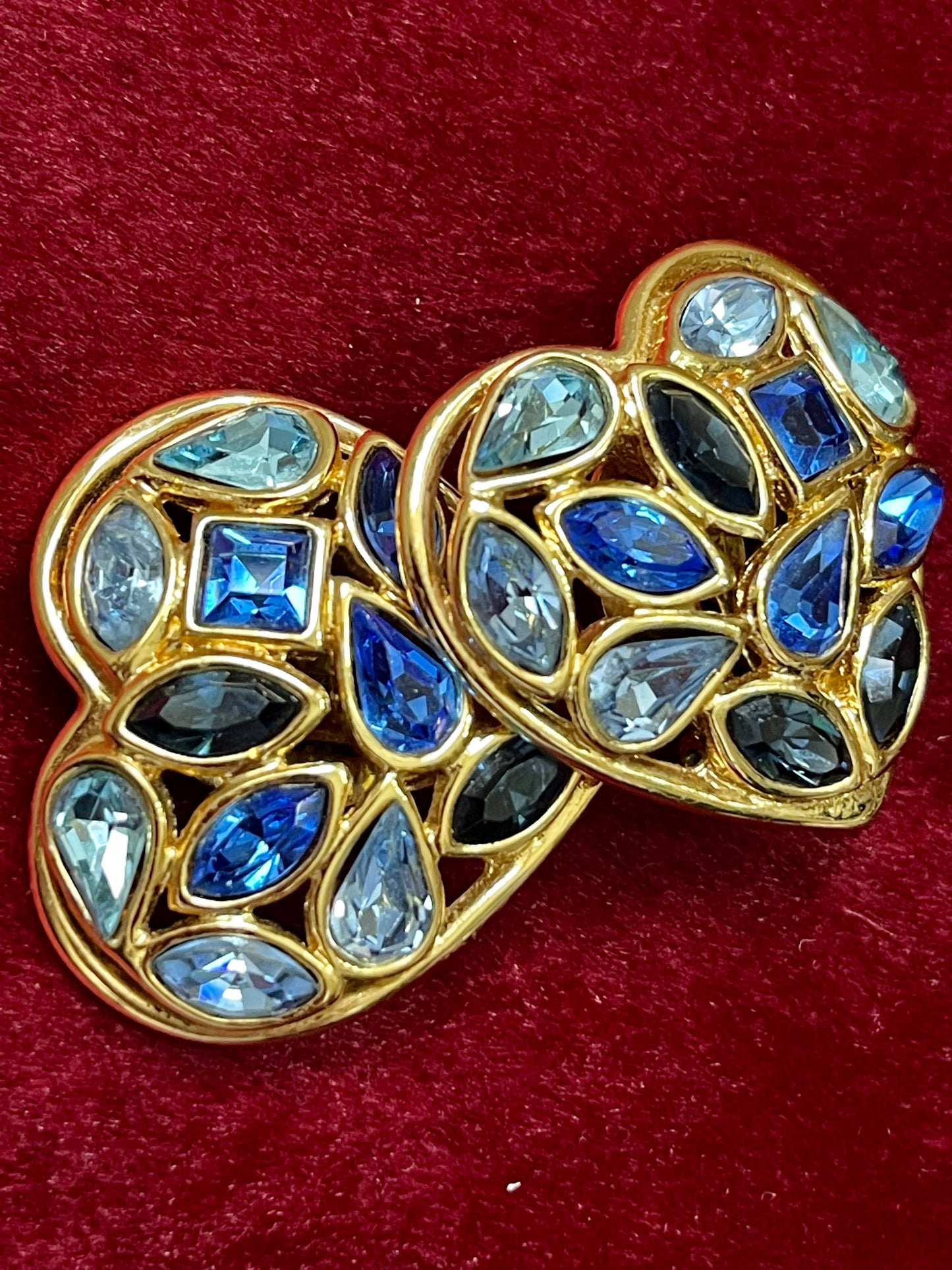 Vintage Yves Saint Laurent Blue Heart Crystal Earrings – Gold Tone
