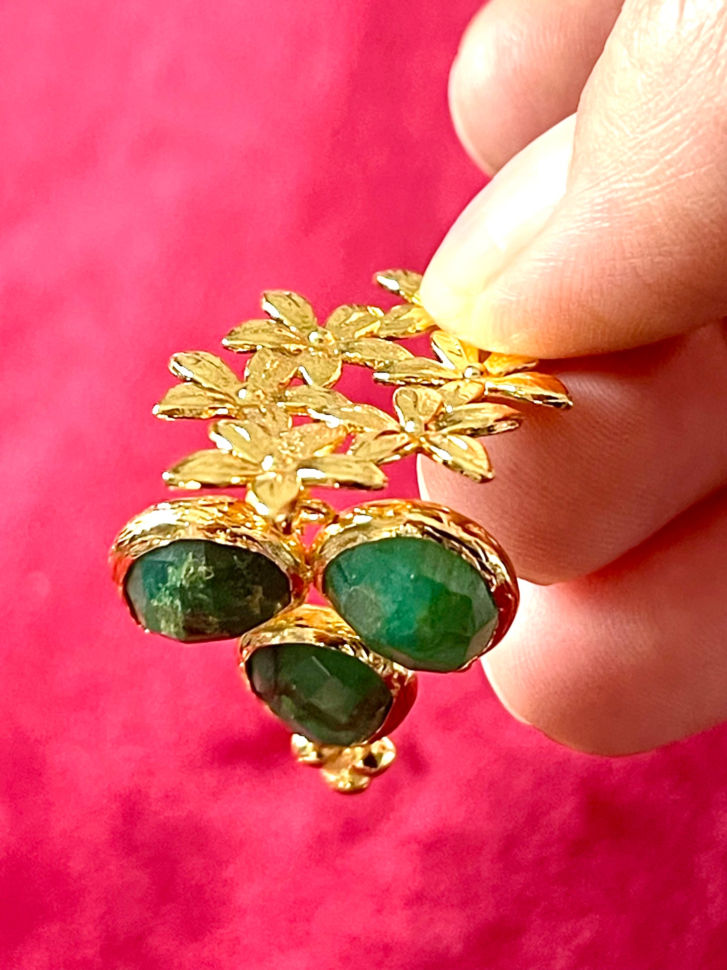 Gold Flower Pendant Earrings Green Agate Stones