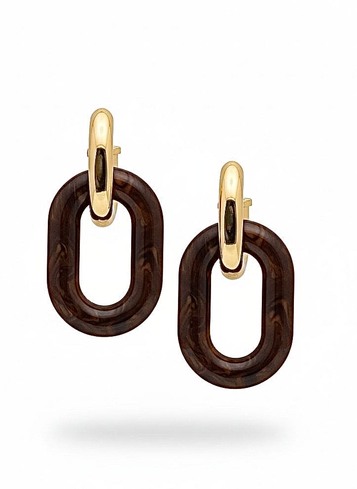 Paco Rabanne XL Link earrings in brown resin and gold metal, front view, 2025 collection, made in Italy