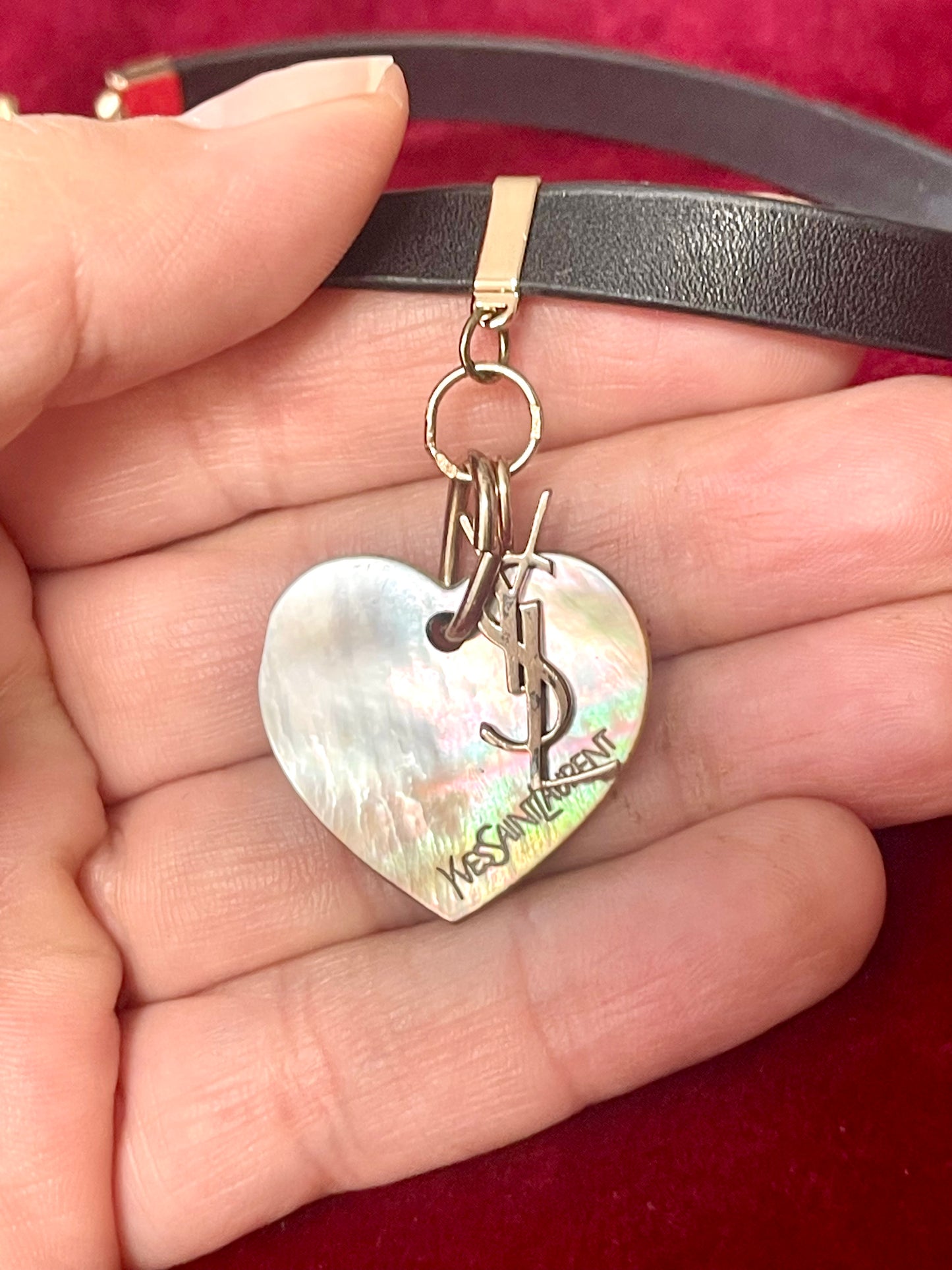 Vintage Yves Saint Laurent Heart Seashell Pendant on Black Leather Necklace