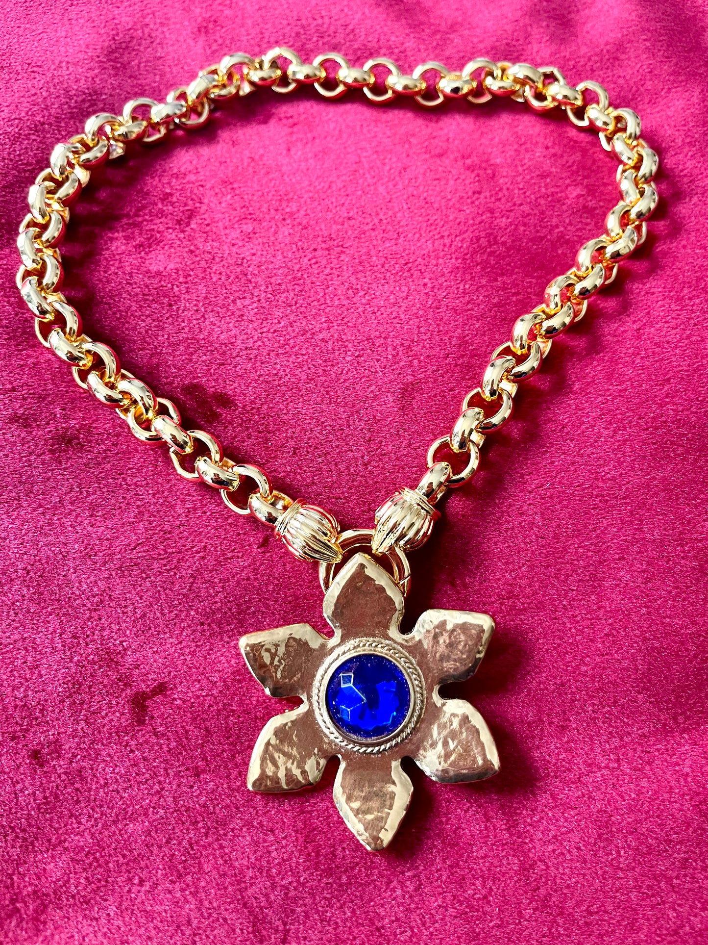 Rare Authentic Vintage Gold Flower Blue Rhinestone Yves Saint Laurent Brooch Pendant