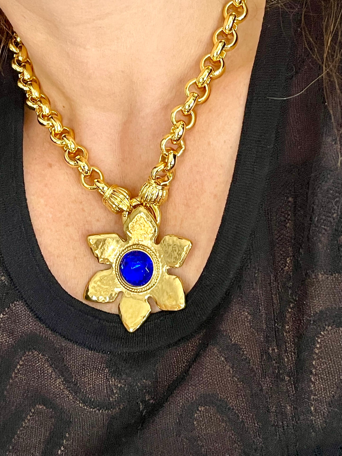 Rare Authentic Vintage Gold Flower Blue Rhinestone Yves Saint Laurent Brooch Pendant