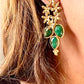 Gold Flower Pendant Earrings Green Agate Stones