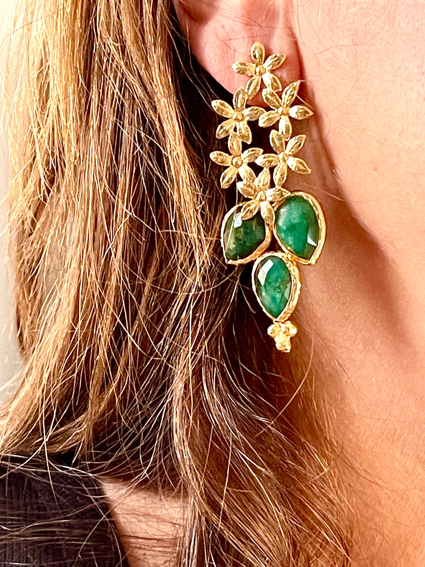 Gold Flower Pendant Earrings Green Agate Stones