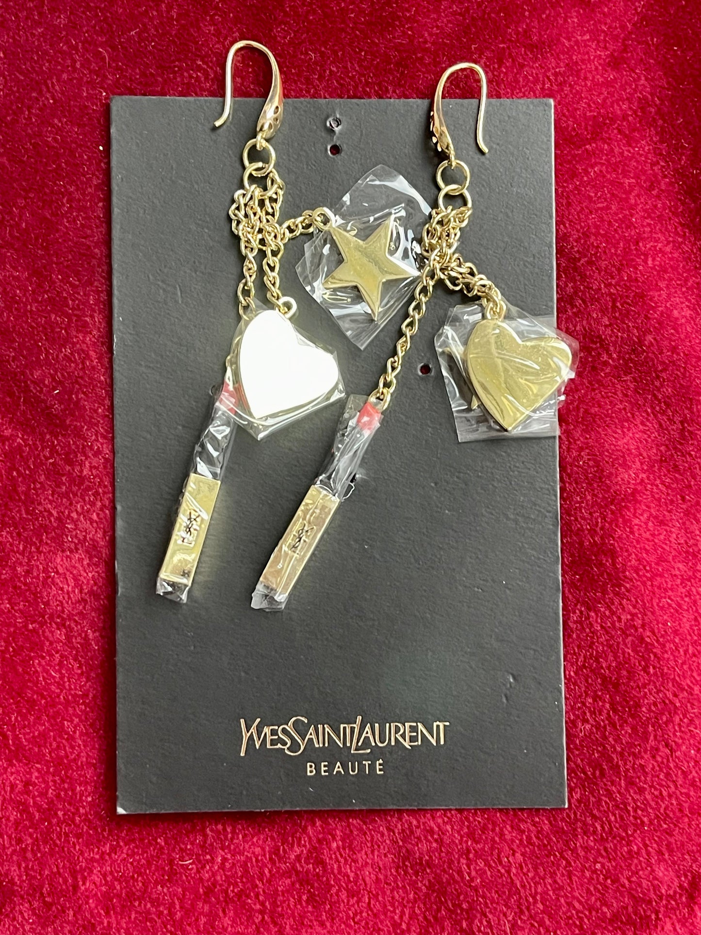 Yves Saint Laurent Beauté Vintage Bag Charms Upcycled Long Chain Earrings – Gold Tone