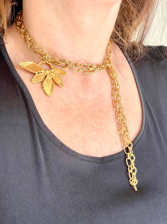 Vintage 80’s Yves Saint Laurent Leaf Pendant Necklace authentic worn by model 