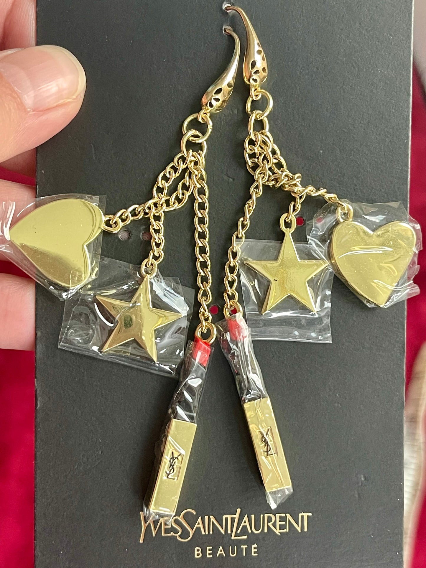 Yves Saint Laurent Beauté Vintage Bag Charms Upcycled Long Chain Earrings – Gold Tone