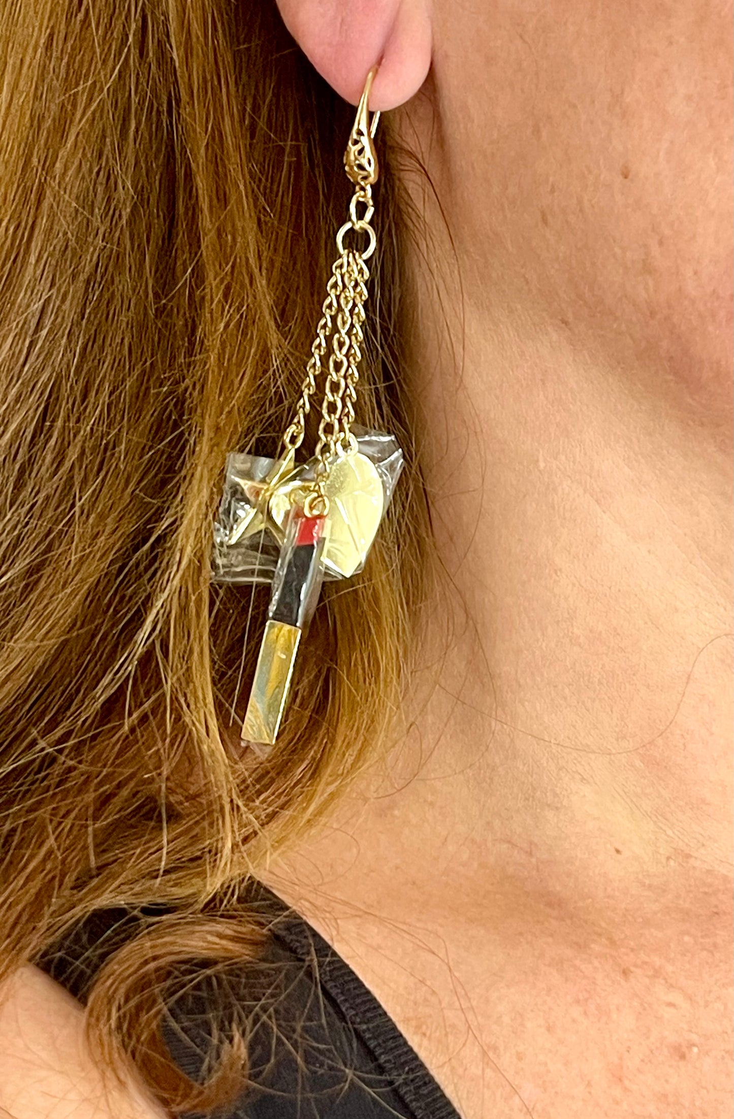 Yves Saint Laurent Beauté Vintage Bag Charms Upcycled Long Chain Earrings – Gold Tone