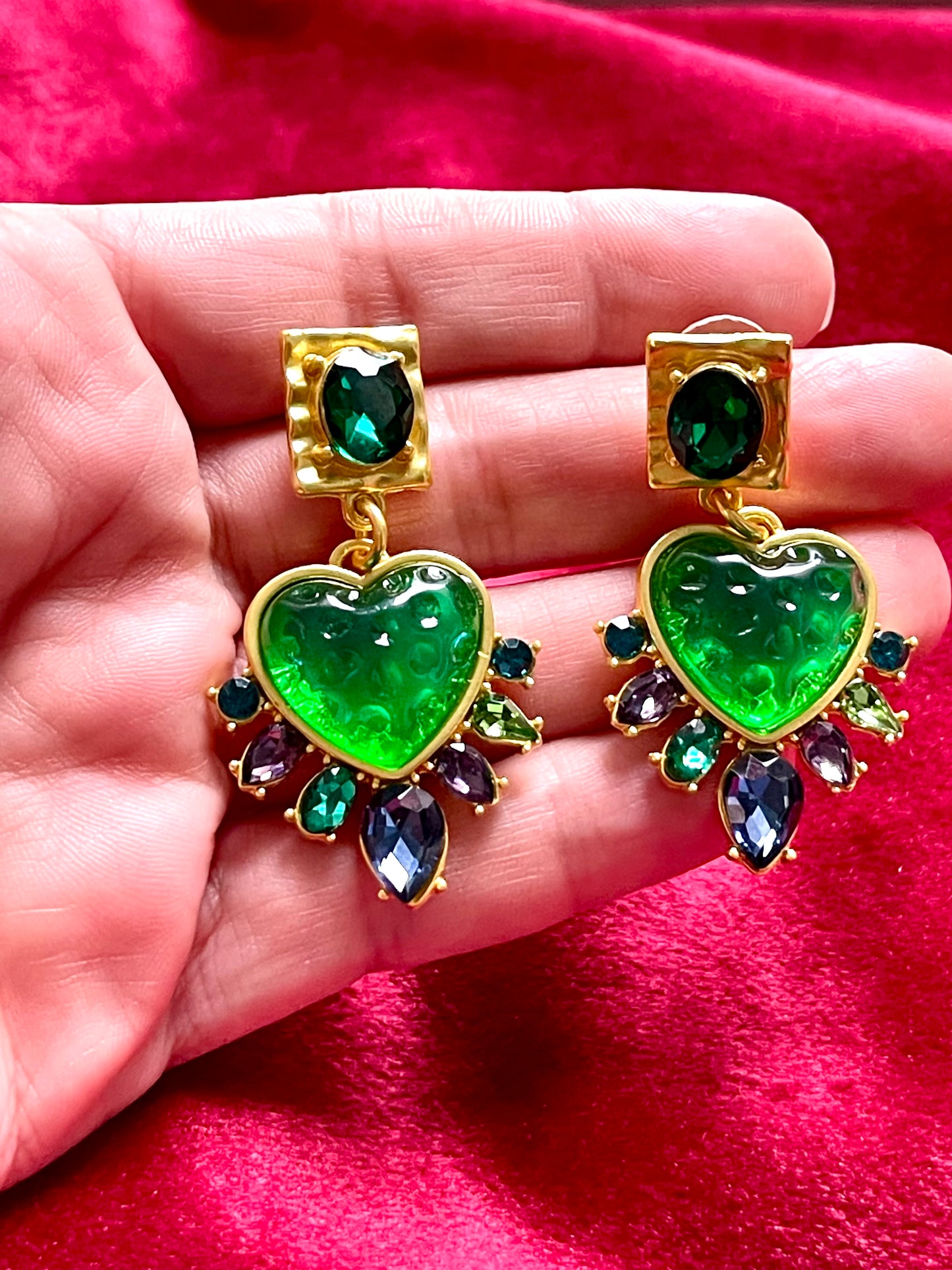 Strong Green Heart Resin Metal Earrings