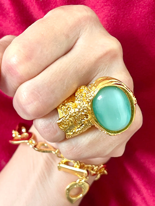 Yves Saint Laurent Vintage Arty Turquoise Tone Gold Metal Ring worn on hand gold plated 18KG