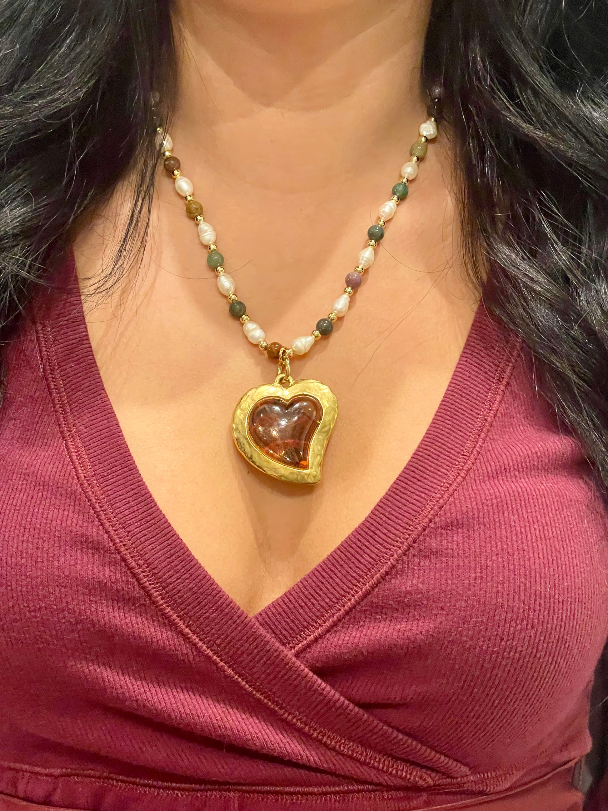 Worn by model Pearl and precious stones Necklace with vintage Yves Saint Laurent heart-shaped flower petal pendant 