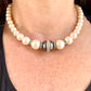 Yves Saint Laurent Vintage classic Faux Pearl Necklace grey white worn by model 