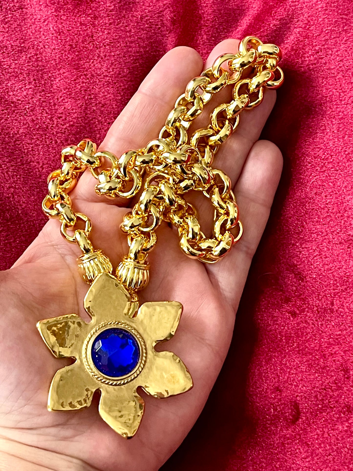 Rare Authentic Vintage Gold Flower Blue Rhinestone Yves Saint Laurent Brooch Pendant