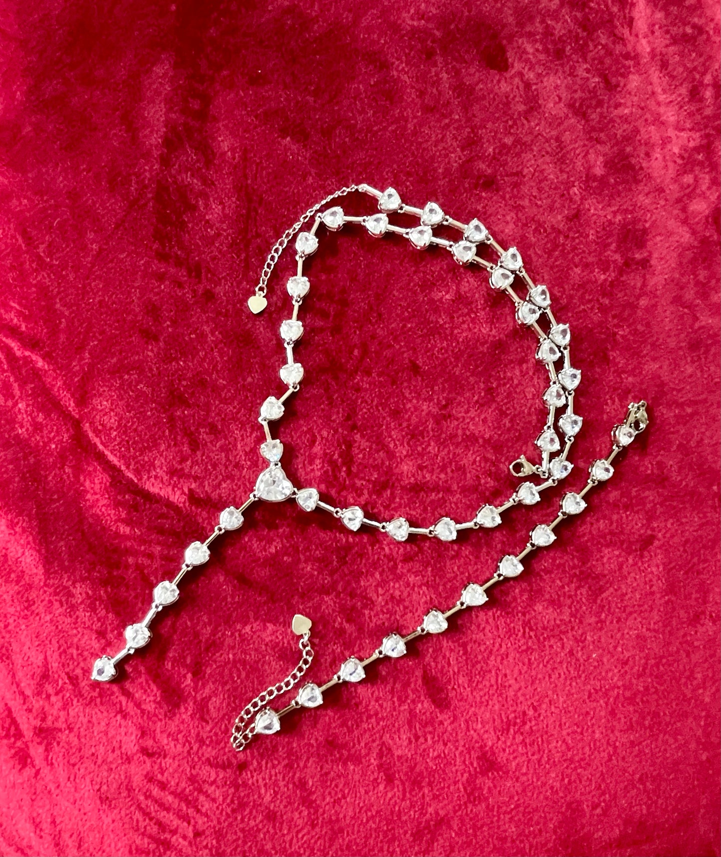 Long Silver Rhinestones Heart Necklace Bracelet Set