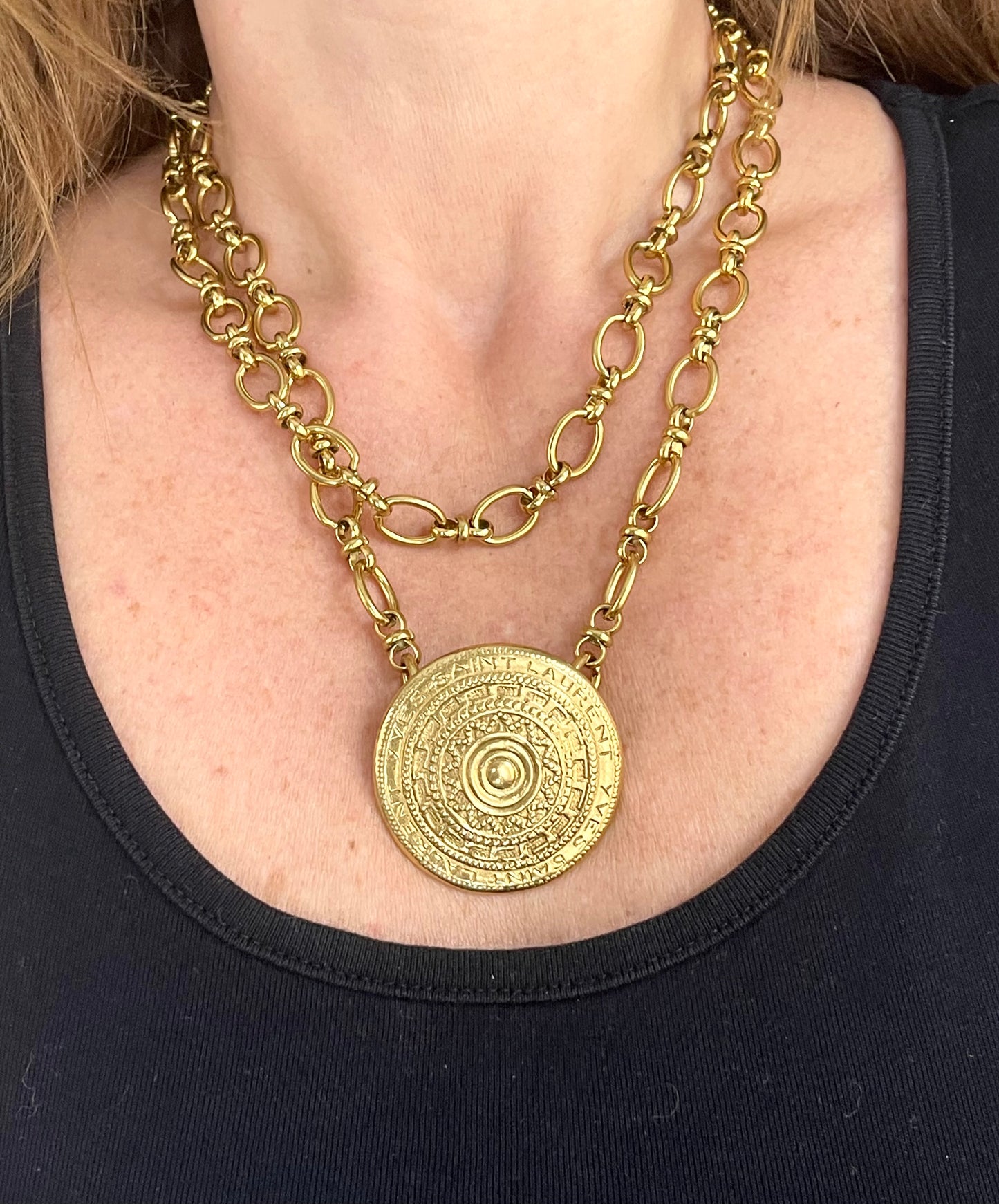 Yves Saint Laurent vintage scarf holder Gold chain necklace worn by model 
