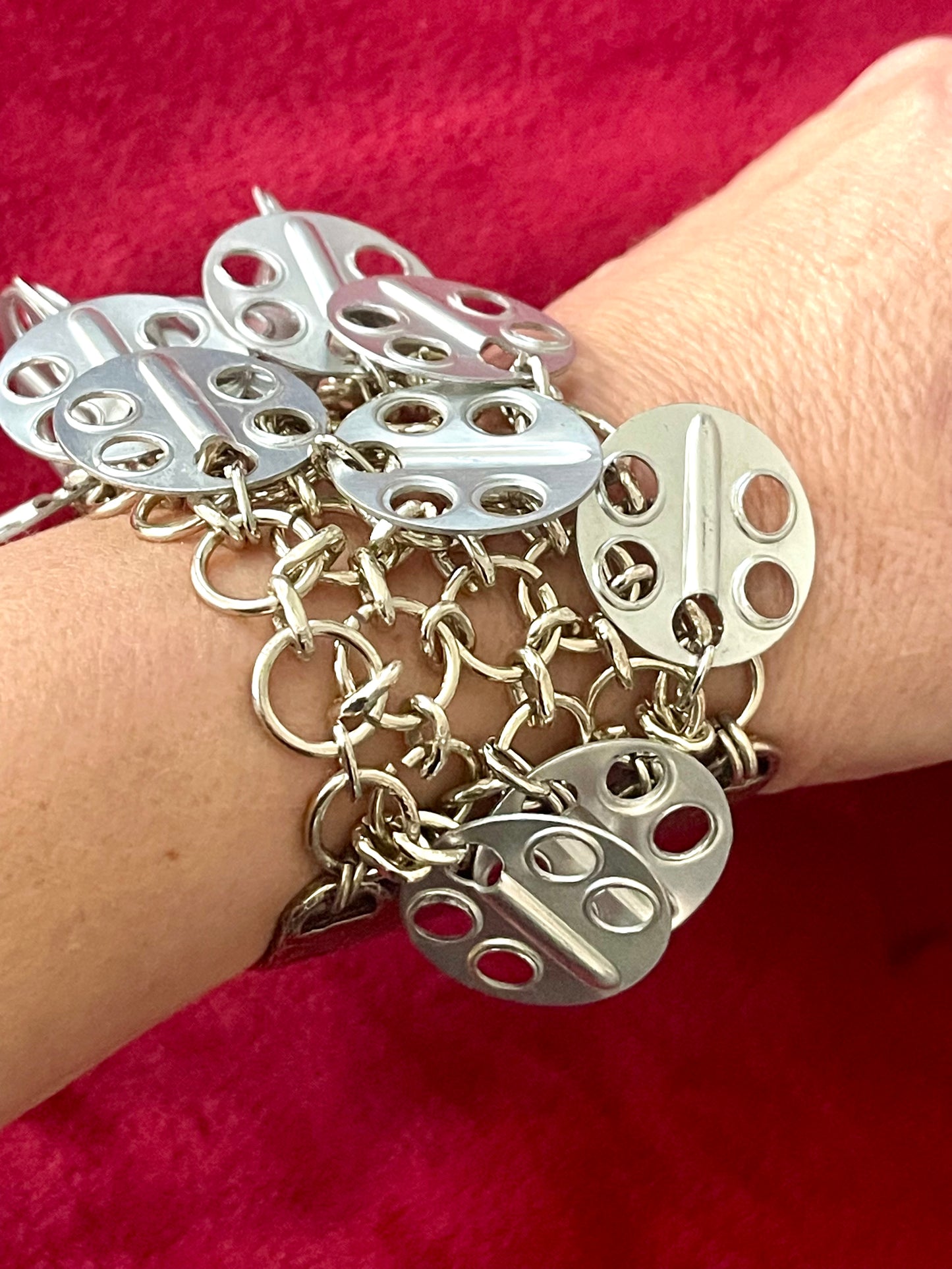 Side view Designer vintage Paco Rabanne rare bracelet on wrist