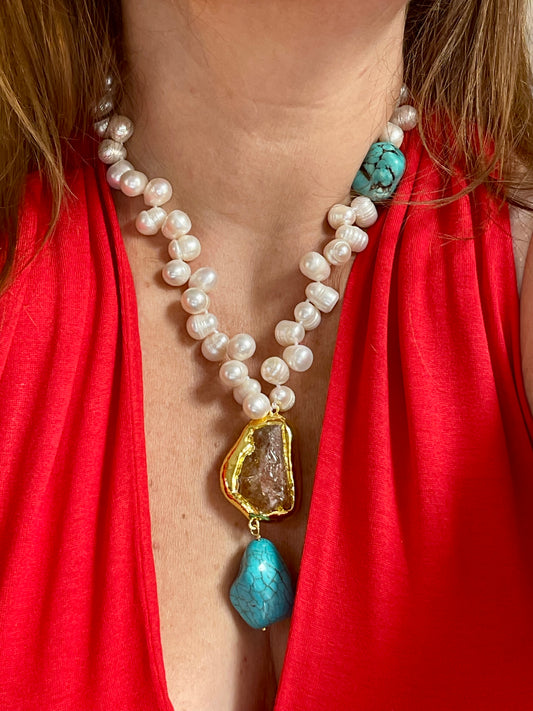 Citrine Turquoise Stones Fresh Water Pearl Statement Design Necklace