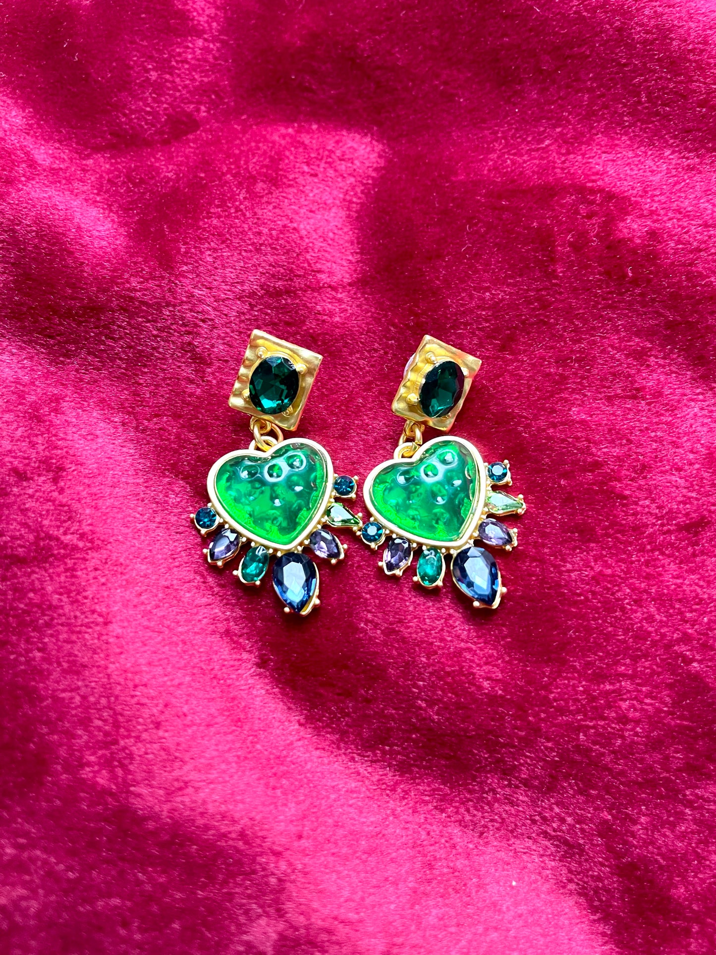 Strong Green Heart Resin Metal Earrings