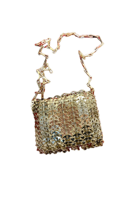 Bolso mini de metal con diseño de brillo dorado Estilo Paco Rabanne