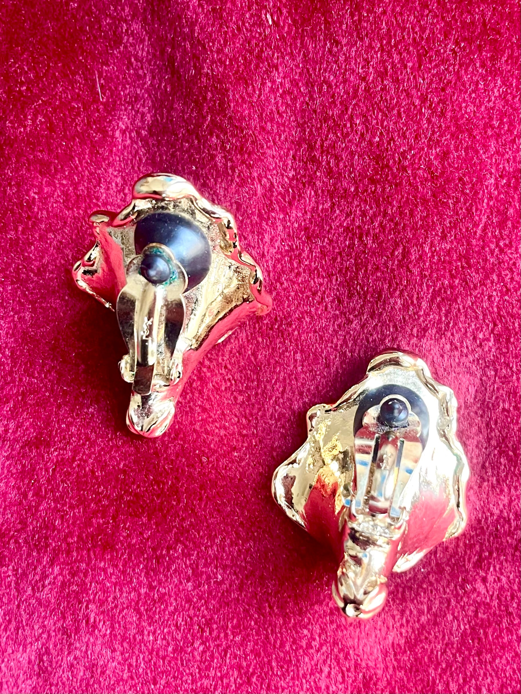 Backside view showing hallmarks Vintage YSL statement earrings featuring gold-tone floral calla lily shape and luminous pearls