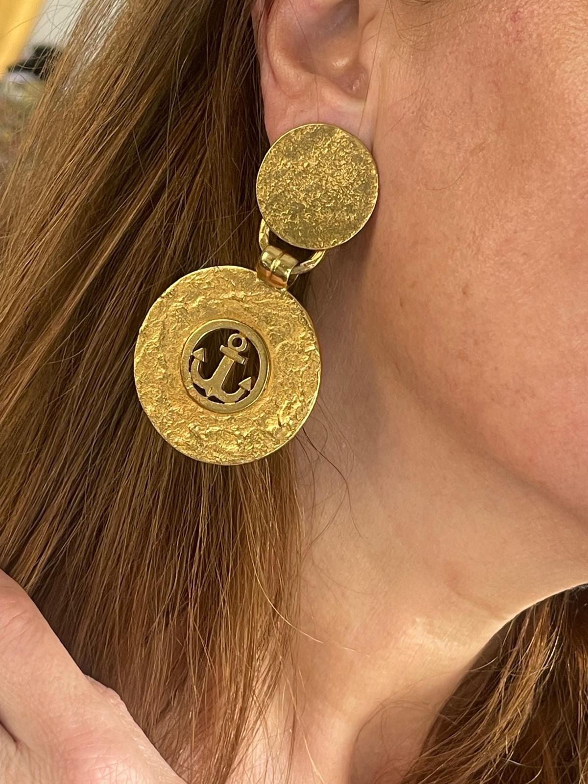 Vintage Yves Saint Laurent Anchor Statement Drop Earrings – Gold Tone