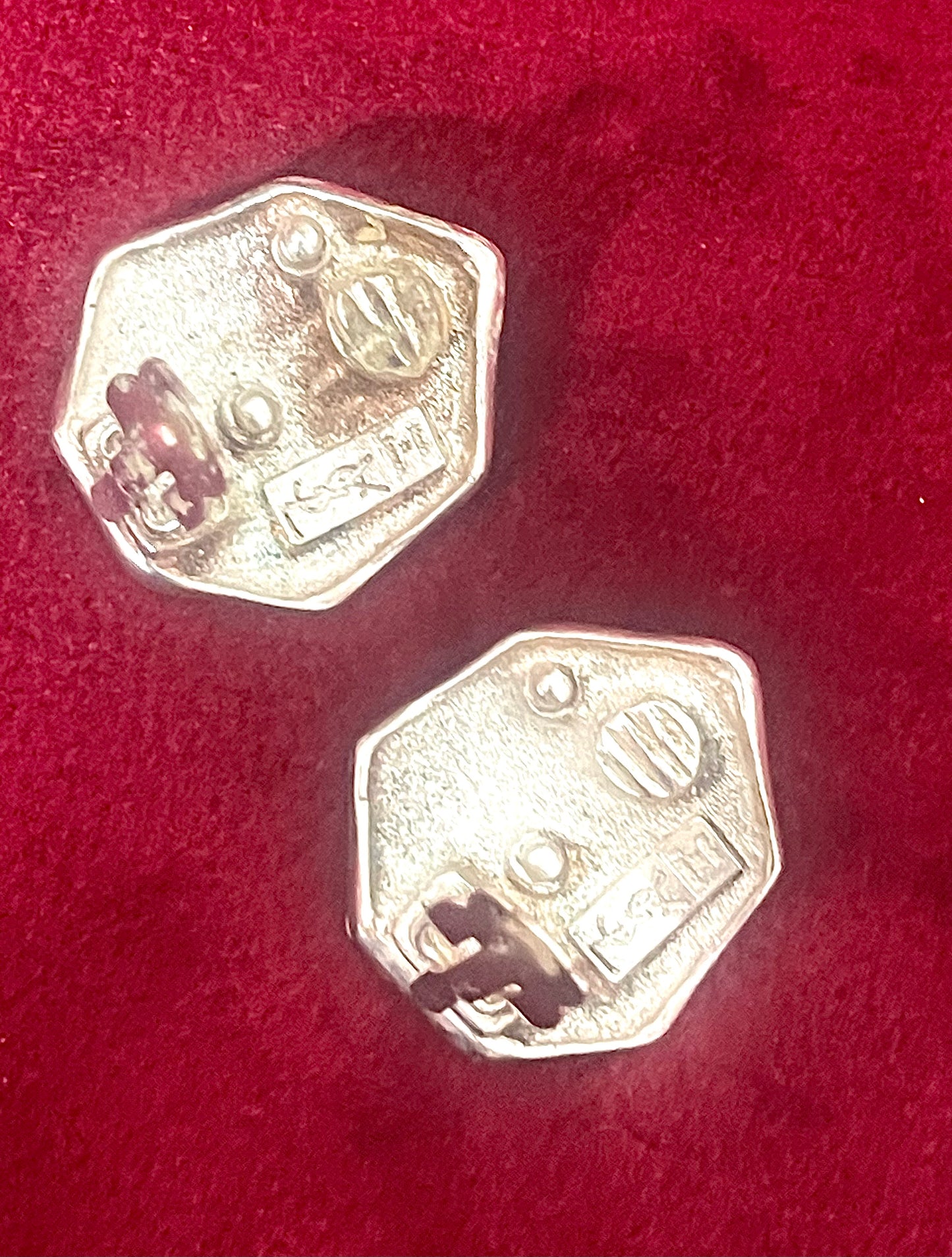 Vintage Yves Saint Laurent Silver Tone Hexagon Logo Clip-On Earrings