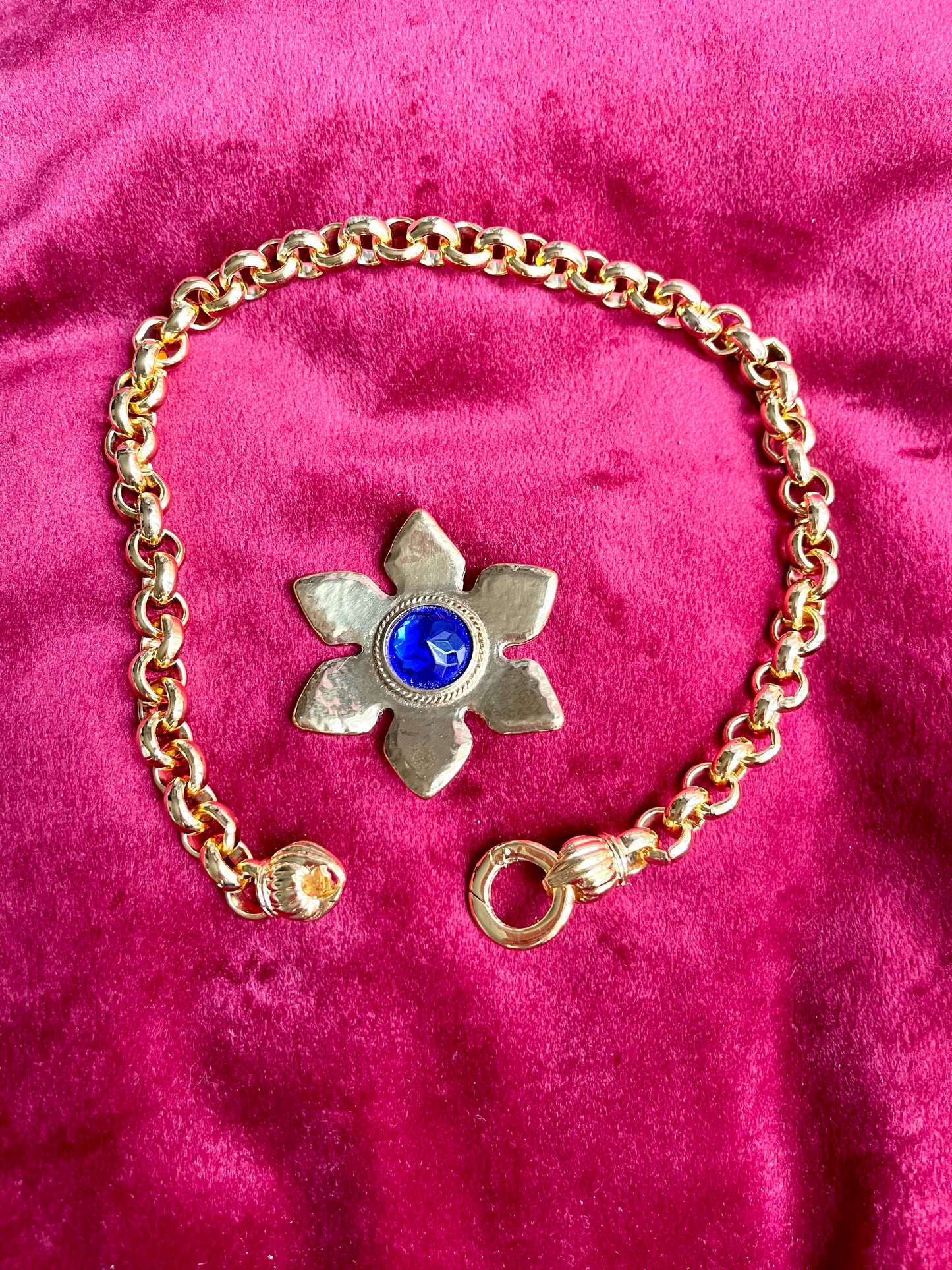 Rare Authentic Vintage Gold Flower Blue Rhinestone Yves Saint Laurent Brooch Pendant