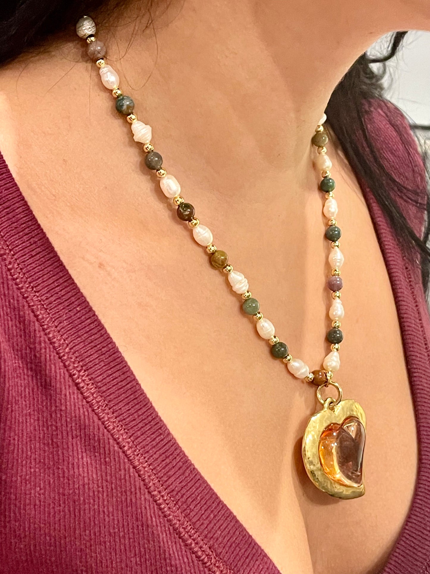 Vintage Yves Saint Laurent Rose Petal Heart Pendant Pearl Necklace