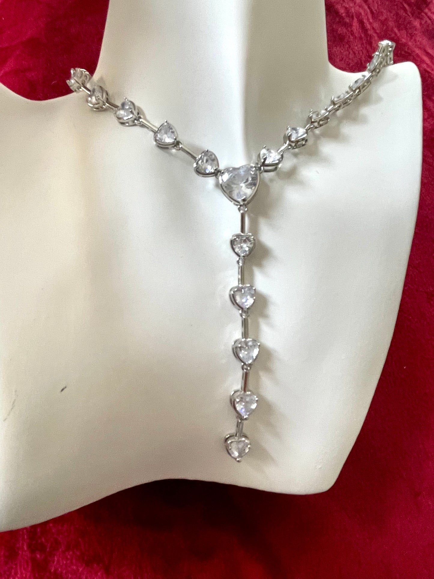 Long Silver Rhinestones Heart Necklace Bracelet Set