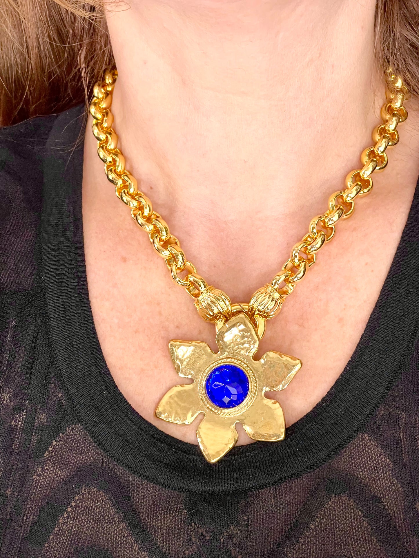 Rare Authentic Vintage Gold Flower Blue Rhinestone Yves Saint Laurent Brooch Pendant